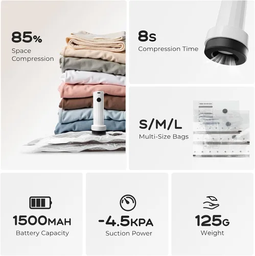 Vista 4 de Bolsas de vacío para ropa con bomba de aire recargable, paquete de 10 bolsas de sellado al vacío para viajes, bolsas ahorradoras de espacio