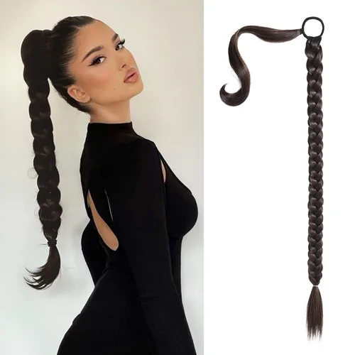 Vista 10 de SEIKEA Extensión de cola de caballo de trenza larga mejorada con lazo elástico, lacio, elegante extensiones de cabello trenzado envolvente