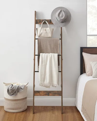 Vista 54 de Escalera para manta para sala de estar, estante decorativo para edredón con 4 ganchos extraíbles, 5 niveles de soporte de escalera de granja Blanco