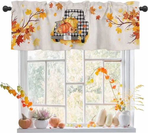 Cenefas de otoño para ventana, calabaza, camión, cortinas de cocina de otoño, cenefa de hoja de arce, naranja y amarillo, cenefa de ventana para