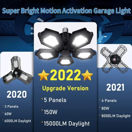 Vista 5 de Paquete de 2 luces LED de garaje, sensor de movimiento de 150 W, 15000 lúmenes, ultra brillantes, activadas por movimiento, con 5 paneles ajustables
