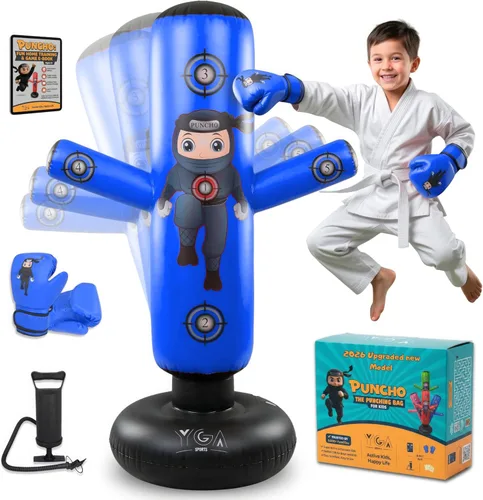 PUNCHO Punching Bag for Kids - 63" Kid Boxing Bag Set & Birthday Gift: Kids Punching Bags 3-8 with Gloves, Pump, PUNCHO eBook - Inflatable Punching