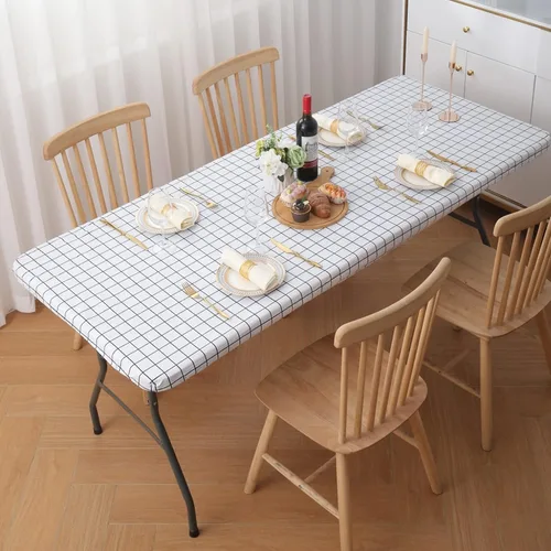 Vista 250 de Mantel rectangular, manteles de plástico elásticos ajustables con parte trasera de franela para mesas de 4 pies, manteles de vinilo impermeables