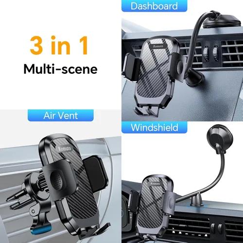 Vista 2 de Car Phone Holder Mount【 Windshield + Vent + Dash 】 Cell Phone Car Mount Phone Mount for Car【 Hands Free】 Long Arm Anti-Shake Stabilizer Car Cell