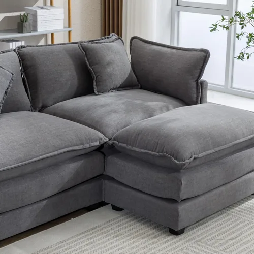 Vista 181 de Sofá modular de felpilla con tapicería en forma de L, sofá modular de 4 asientos con otomana extraíble y 5 almohadas para sala de estar, apartamento