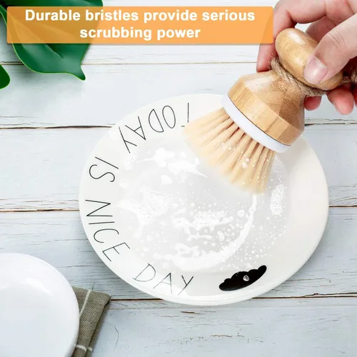 Vista 4 de Boao Cepillo de bambú para limpiar platos y 1 soporte de madera natural para limpiar la cocina, cepillo duradero de bambú para limpiar ollas