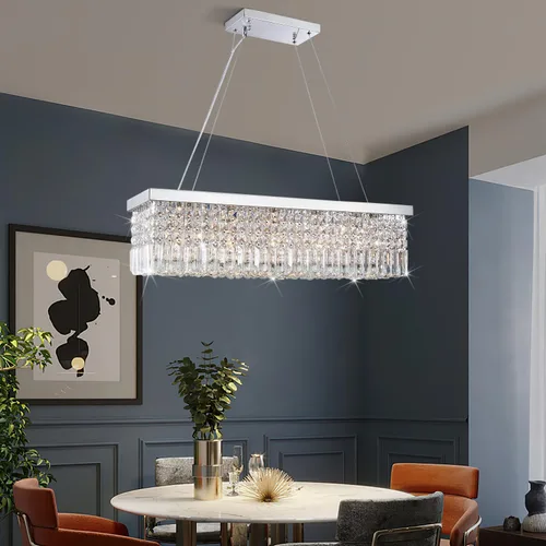 Vista 3 de Araña moderna de onda, araña rectangular de cristal con gotas de lluvia, montaje empotrado, lámpara colgante de techo cromada, ideal para comedor