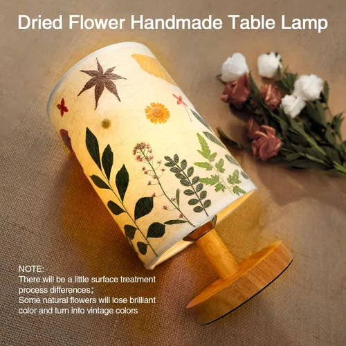 Vista 2 de Lámpara de mesa con flores prensadas, 5 W, LED, 3 temperaturas, flores secas, lámpara de noche, pantalla de lino con base de madera