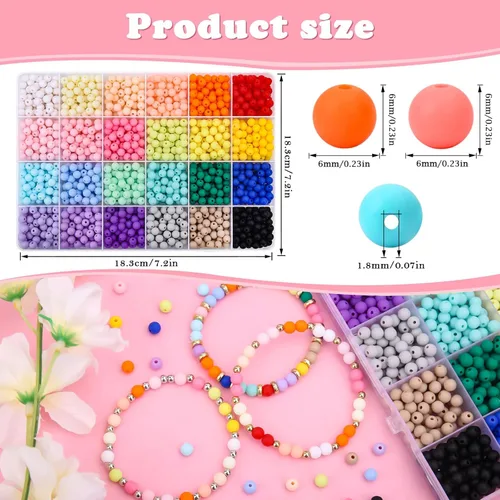 Vista 2 de 1440 piezas de cuentas redondas de acrílico mate de 6 mm de color caramelo, 24 colores surtidos de cuentas de chicle de plástico con agujero