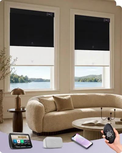 Vista 9 de Graywind Persianas dobles motorizadas para ventanas, persianas dobles inteligentes opacas y filtrantes de luz, persianas motorizadas con control