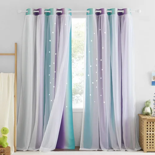 Vista 11 de NICETOWN Cortinas opacas con recortes de estrellas para dormitorio, 2 paneles, diseño mixto de 2 capas de tela y tul, cortina de ventana para niños