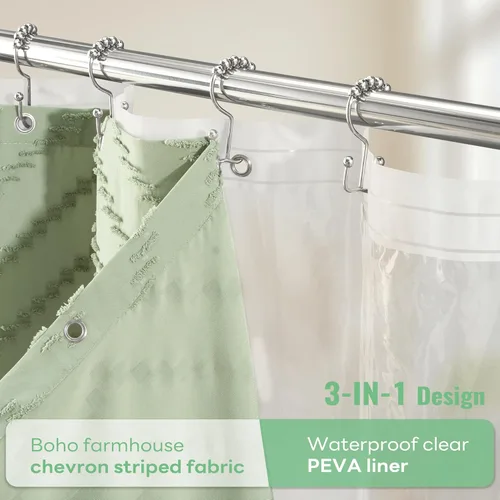 Vista 121 de Dynamene - Cortina de ducha de tela bohemia con rayas con chebrón en relieve, juego de cortina angosta para baño, media cortina impermeable