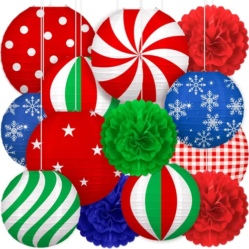 Vista 8 de Juego de 13 piezas de decoraciones de Navidad – 9 linternas colgantes de papel rojo y blanco, 4 pompones para interiores, hogar, fiesta de Navidad