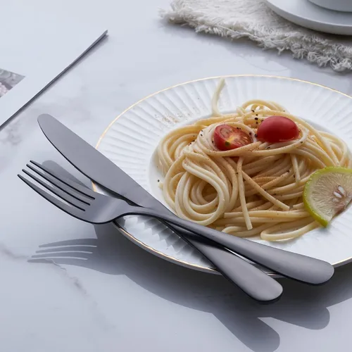 Vista 4 de GoGeiLi Juego de cubiertos negros mate, 24 piezas, acero inoxidable, acabado satinado, servicio para 6, apto para lavavajillas