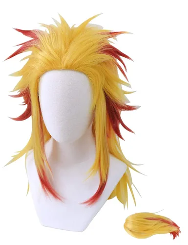 Cosrea Peluca de cosplay de anime con cola de caballo, pelucas de disfraz de color amarillo y rojo para Halloween, mujeres Rengoku Shinjurou
