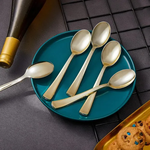 Vista 5 de N9R 72 cucharas de plástico doradas, sólidas, duraderas, resistentes, cubiertos de plástico dorado desechables para fiestas, bodas y cenas