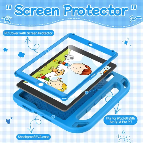 Vista 3 de Funda BMOUO para niños para iPad de 9.7 pulgadas 6ª/5ª generación (iPad de 2017/2018), funda para iPad 9.7/Air 2 con protector de pantalla, funda