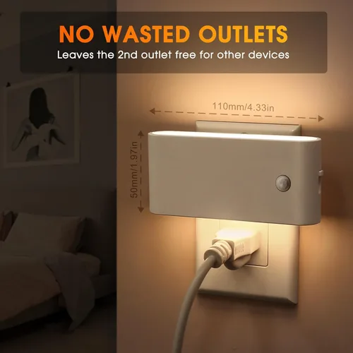 Vista 6 de Paquete de 2 luces LED nocturnas con sensor de movimiento, luces nocturnas de activación de movimiento enchufables en la pared, encendido y apagado