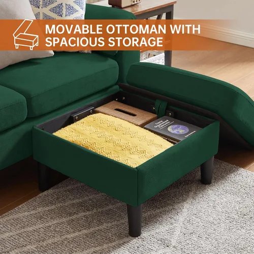 Vista 6 de Juego de sofás modulares de 3 piezas, sofás de 3 plazas en forma de L y sofá biplaza con sillón y otomana de almacenamiento para sala de estar, Verde