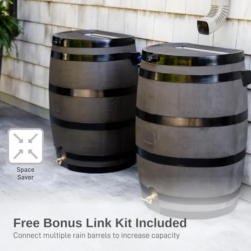 Vista 5 de RTS Home Accents Barril de lluvia de 50 galones con kit de enlace, barril de recolección de agua de lluvia con parte trasera plana, kit de enlace