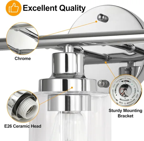 Vista 3 de Accesorios de Iluminación de Baño Watyo, Lámpara de Tocador Cromada, Plata, 3 Luces, Apliques Modernos para Baño con Pantallas de Vidrio
