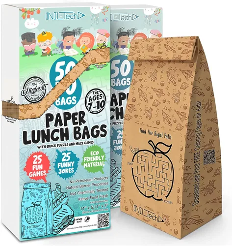 Vista 12 de NIL-Tech - Bolsas de almuerzo de papel desechables para niños, paquete de 50 unidades, divertido saco de papel kraft marrón Bolsas de papel