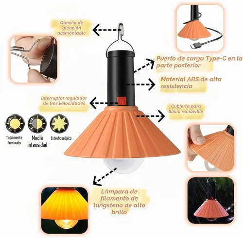 Vista 5 de Luz LED recargable para campamento, 3000 K blanco cálido, 3 modos de brillo, IPX6 impermeable, carga USB-C, gancho desmontable, luz portátil