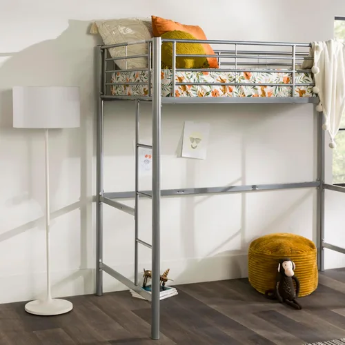 Vista 4 de Walker Edison - Litera metálica plateada en cama alta de tamaño individual con escalera, para escritorio y juegos de computadora