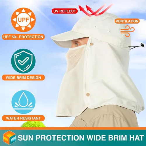 Vista 3 de SUN CUBE Sombrero de sol de pesca con solapa para el cuello para hombres, cubierta de protección UV, gorra de cubo al aire libre con cubierta facial
