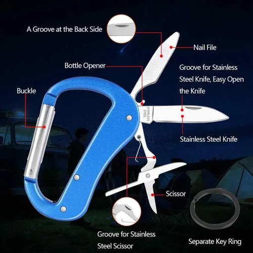 Vista 2 de Mosquetón multiherramienta con cuchillo de bolsillo, regalos para hombres, abrebotellas, lima de uñas, tijeras pequeñas, mosquetones EDC