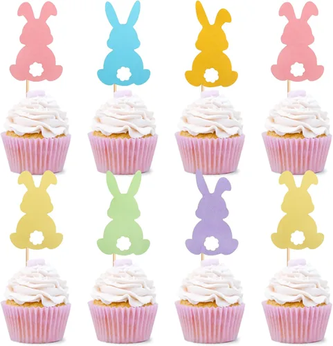 Vista 19 de Ercadio 24 piezas de decoración para tartas, con temática de conejo de Pascua para cumpleaños de primavera, suministros de fiesta de baby shower