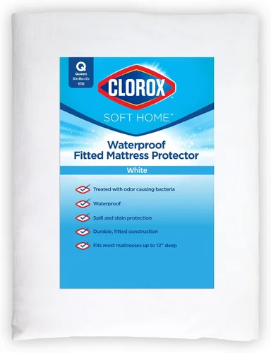 Clorox Protector de colchón ajustable impermeable, vinilo impermeable, protección duradera contra derrames y manchas, cierre elástico, tamaño Queen