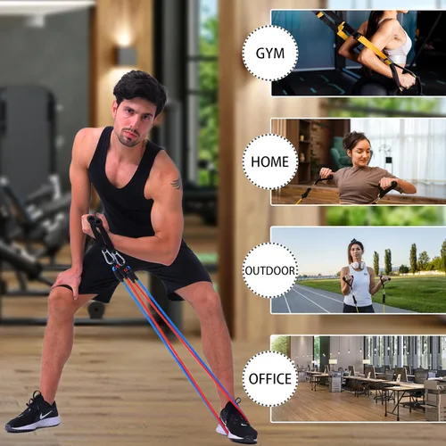 Vista 6 de Bandas de resistencia con asas para entrenar mujeres y hombres, bandas de ejercicio con anclaje de puerta, bandas elásticas para entrenamientos