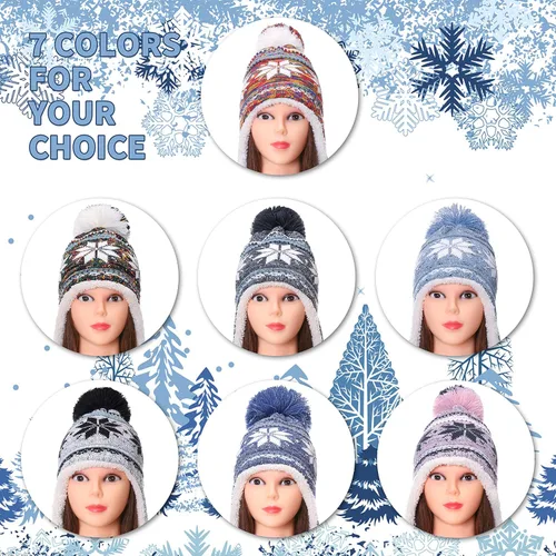 Vista 6 de Gorro invernal Dosoni para mujer, de punto, con orejeras, suave, cálido y acogedor, diseño de copos de nieve