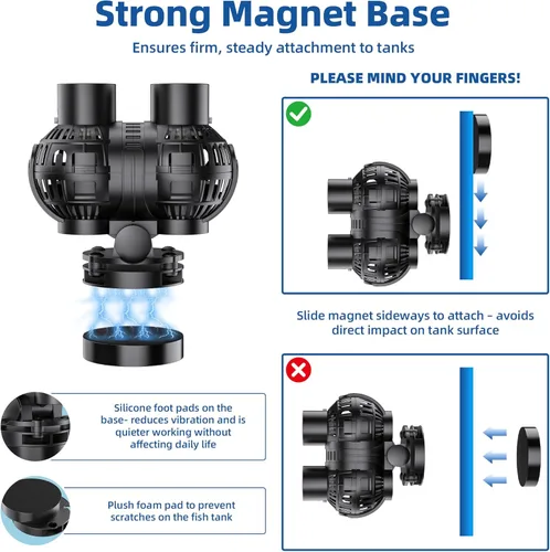 Vista 5 de Aysoner Bomba Wave Maker para acuario: 55/75/125 galones magnético para tanque de peces para agua salada, agua dulce, 1600 GPH 8 W, bomba ajustable