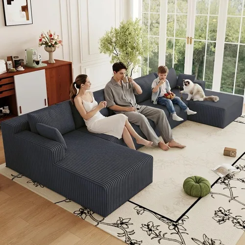 Vista 60 de Sofá modular de 95 pulgadas con otomana, moderno sofá nube de pana con asiento profundo, sofá sin hueso tapizado de 3 plazas en forma de U para sala