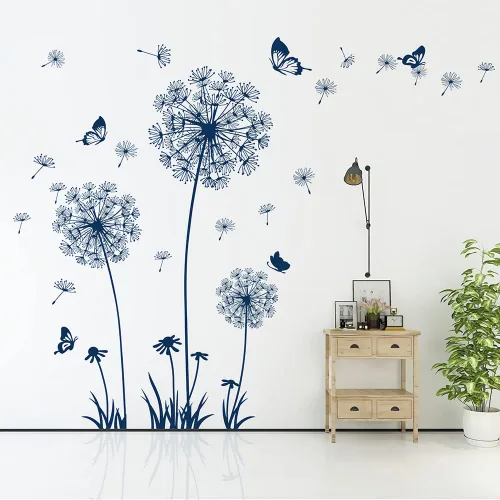 Vista 13 de Juego de 2 calcomanías de pared de flores silvestres de diente de león, calcomanías de arte para pared, diseño de mariposas florales, decoración