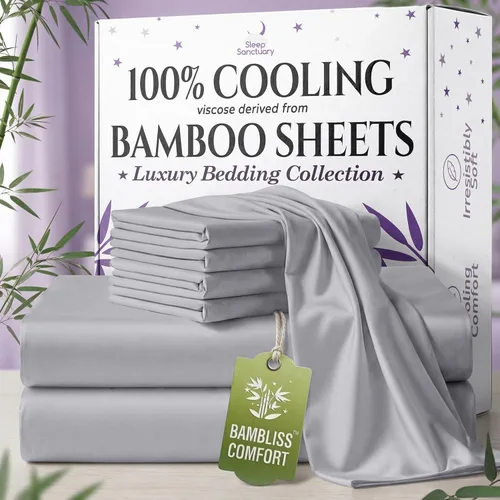 Vista 12 de SLEEP SANCTUARY 100% viscosa orgánica derivada de sábanas de bambú, tamaño individual, 4 piezas, ultra suave y refrescante, bolsillo profundo de 17