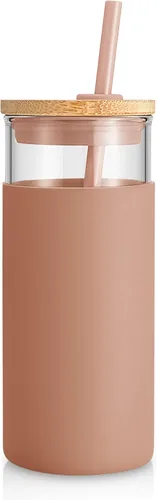 Vista 28 de Tronco Vaso de vidrio de 20 onzas con tapa y popote, taza de café helado y vaso para batido con tapas de bambú y funda protectora de silicona, apto