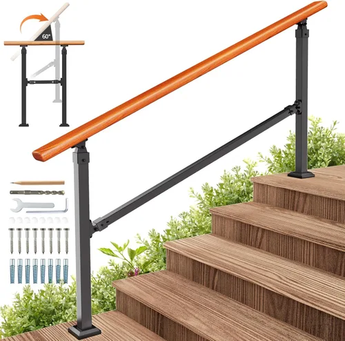 Vista 11 de Kit de pasamanos de escalera al aire libre UOKRR, pasamanos de hierro con grano de madera para interior, se adapta a 1-2 escalones