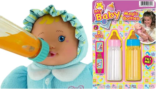 Vista 2 de Ja-Ru Biberones mágicos para muñecas de bebé, botella de leche y botella de jugo, accesorios para muñecas de bebé. Set con 2 botellas. 701-1