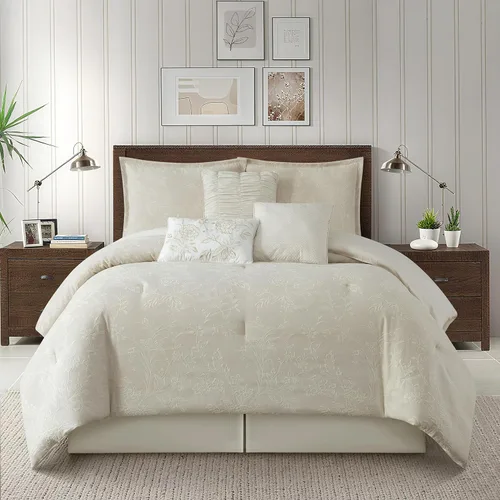 Vista 12 de Conjunto de edredón de algodón Grand Avenue tamaño Queen, 6 piezas, juego de ropa de cama geométrica jaspeada beige, faldón para cama, almohadas