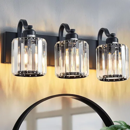 Vista 10 de Luces modernas de cristal para tocador de baño, 3 luces negras y doradas, lámparas de baño sobre el espejo, iluminación de pared de cristal