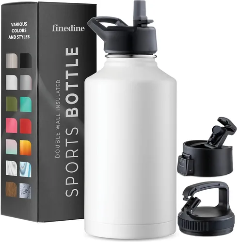 Vista 22 de FineDine Botellas de agua aisladas de triple pared con popote, botella de metal de acero inoxidable de 25 onzas con 3 tapas a prueba de fugas