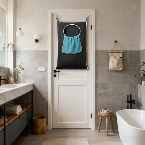 Vista 8 de ANSTROUT Bolsas de Lavandería Colgantes XL, Cesta de Lavandería para Puerta con 2 Tipos de Ganchos para Ropa Sucia, Ahorra Espacio del Baño