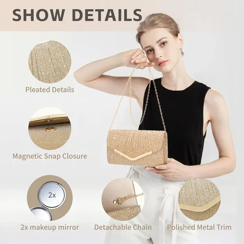 Vista 4 de Bolso de Mano Nocturno para Mujer con Correa de Cadena Intercambiable y Espejo – Bolso de Boda, Egreso y Fiesta