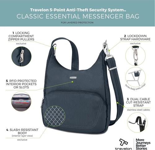 Vista 3 de Travelon Bolsa bandolera clásica antirrobo esencial, color negro