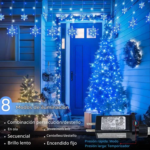 Vista 4 de Luces Navideñas de Copo de Nieve para Exteriores, 8.2 pies, 144 LED Luces de Cadena Navideñas Conectables con Enchufe, Luces Colgantes de Carámbano