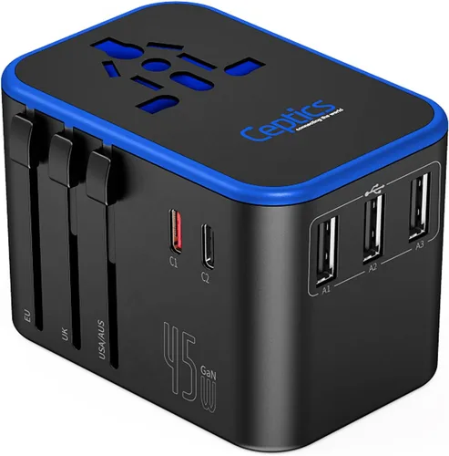Ceptics Adaptador de viaje universal, adaptador de corriente internacional de 45 W con PD y QC 3.0 Dual USB-C, adaptador de viaje de 3 USB en todo