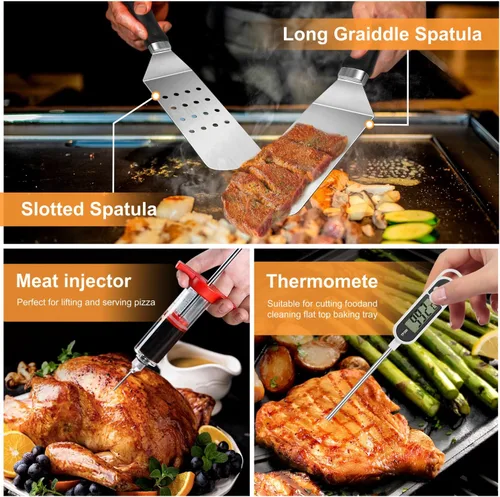 Vista 4 de Kit de 30 accesorios para parrilla Blackstone profesional con parte superior plana, juego de regalo de espátula para barbacoa con cubierta